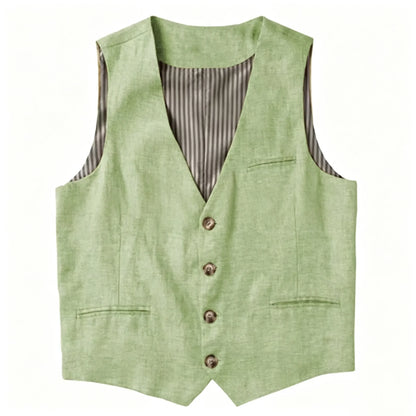 Beige Linen Men's Vest V Neck Summer Waistcoat Single Breasted Light Weigt Men's Suits Vest