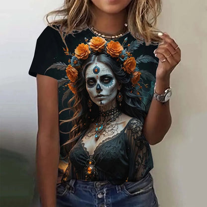 Women's T-shirt for Girls Short Sleeve Casual Sexy Girls Clothes Summer Day of the Dead Undead Skull Pattern oversized T-shirts