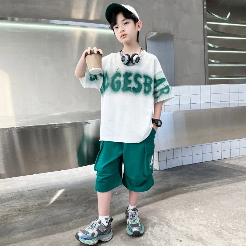 Hot Sale Teenager Boy Summer Tee Top and Bottom Clothes Set for Child Letter Print Cotton T-shirt + Shorts 2 Piece Clothing Suit