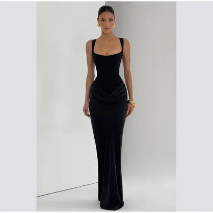 Sexy Square-neck Halter Long Dress Women 2025 Pleated Sleeveless Backless High Waist Bodycon Dresses New Summer Lady Party Gowns