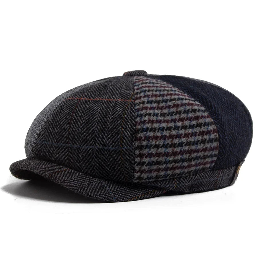 Vintage Newsboy Cap Men Herringbone Plaid Patchwork Pattern Women Beret Autumn Winter Warm Male Flat Caps Octagonal Hat Elastic