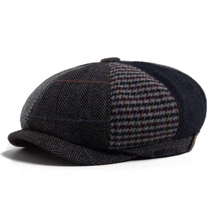 Vintage Newsboy Cap Men Herringbone Plaid Patchwork Pattern Women Beret Autumn Winter Warm Male Flat Caps Octagonal Hat Elastic