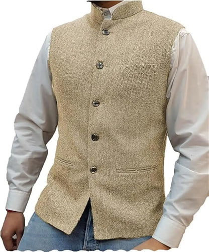 Mens Suit Tweed Vest Stand Collar Single Breasted Herringbone Sleeveless Waistcoat Casual Business Wedding Party Outerwear Gilet