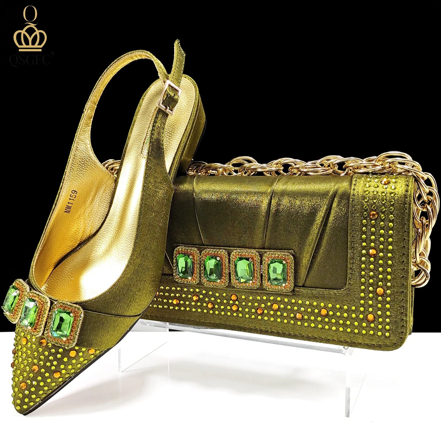 New Italian Olive Pumps and Bag for Party 2024 INS Style Pointed-Toe Rhinestone Elegant Low Heels Wedge for Wome