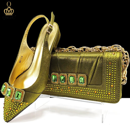 New Italian Olive Pumps and Bag for Party 2024 INS Style Pointed-Toe Rhinestone Elegant Low Heels Wedge for Wome