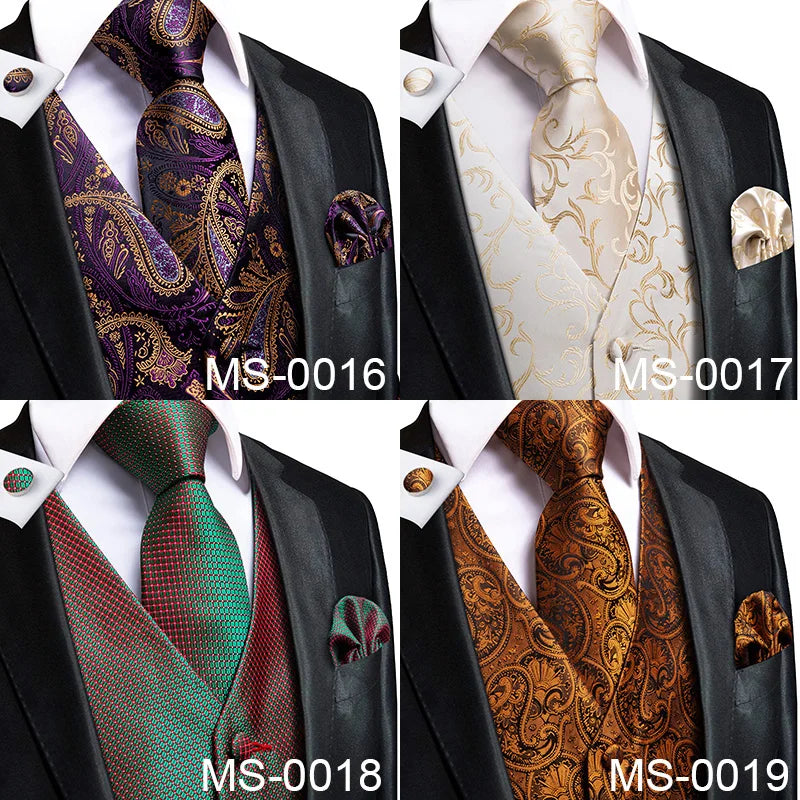 Adult Men's Vest for Suit Luxury Paisley Floral Plaid Suit Vest and Tie Set Blue Gold Red Sliver Wedding Vest Men