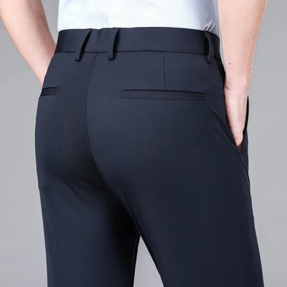 New Summer Men's Ice Silk High Stretch Business Suit Pants Male Army Green Blue Elastic Formal Office Straight Formal Trousers