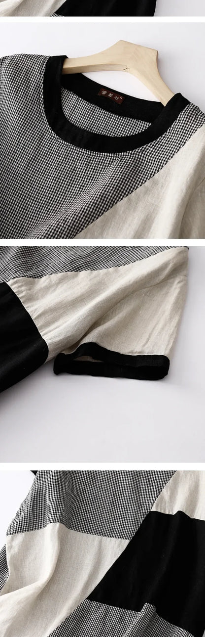 Summer Casual Loose Women's Plaid Linen Dr Design Sense Color Blo Mid-Length Slimming A-Line Skirt Korean Sle Commute