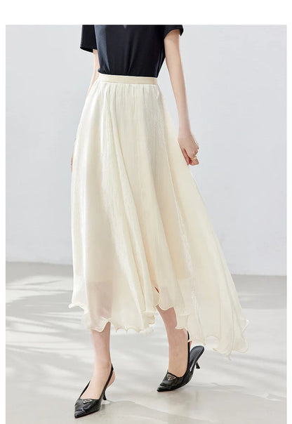 French A-line Shimmer Skirt for Women 2026 Summer New Fashion Irregular Ruffle Hem Elegant Office Maxi Skirt Bottoms 30813