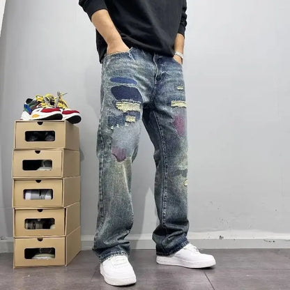 Korean Retro Ripped Jeans Embroidered Slim Fit Men'S Straight Leg Pants Graffiti Jeans Fashion Casual Pants