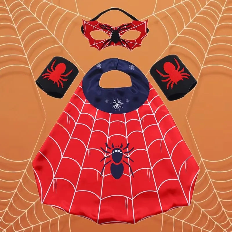 Cartoon Superhero Costume Set for Boys Girls Halloween Dress Spider Cape and Mask with Wristband Cosplay Costume