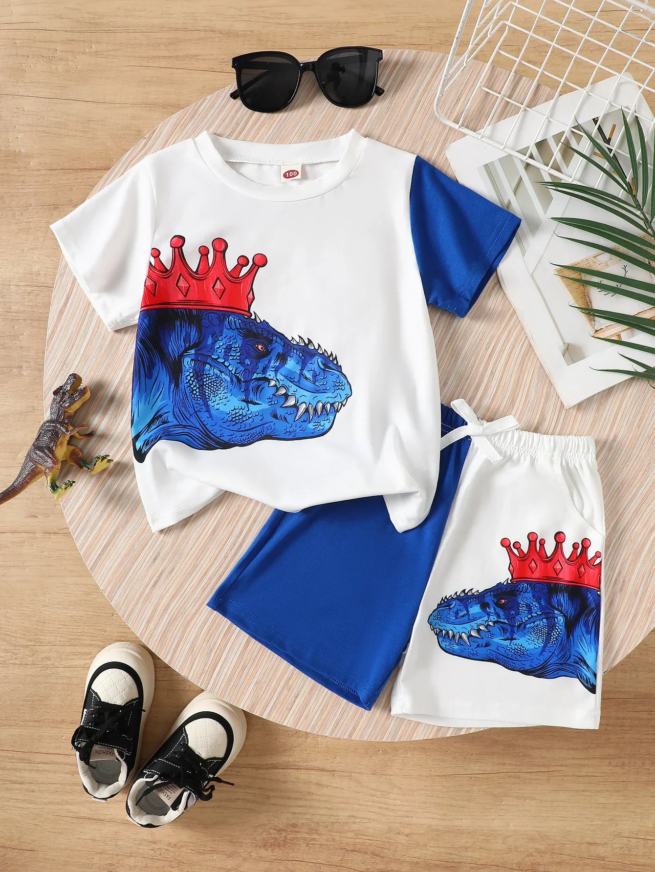 Summer Boys Clothes Set Dinosaur Print Color Block T-shirt Shorts 2Pcs 1-8 Years Toddler Kids Breathable Sporty Casual Outfit