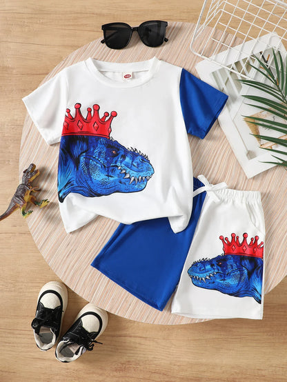 Summer Boys Clothes Set Dinosaur Print Color Block T-shirt Shorts 2Pcs 1-8 Years Toddler Kids Breathable Sporty Casual Outfit