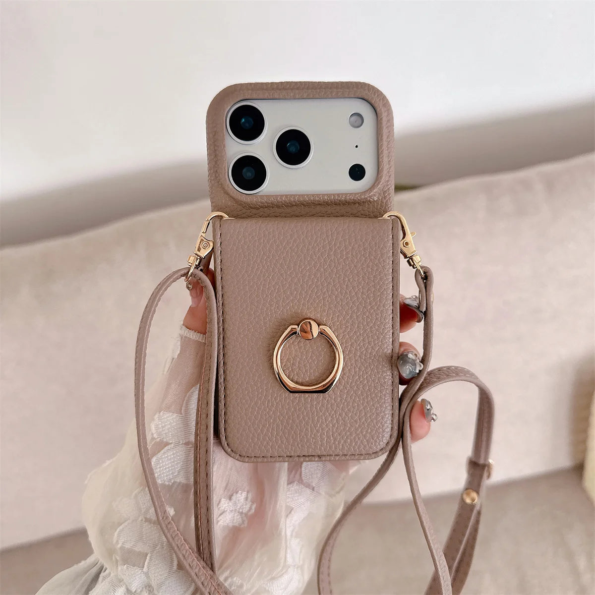 Crossbody Lanyard with Ring Card Holder Make up Mirror Wallet Phone Case for IPhone 17 Air 16E 15 14 Plus 13 12 11 Pro Max Cover