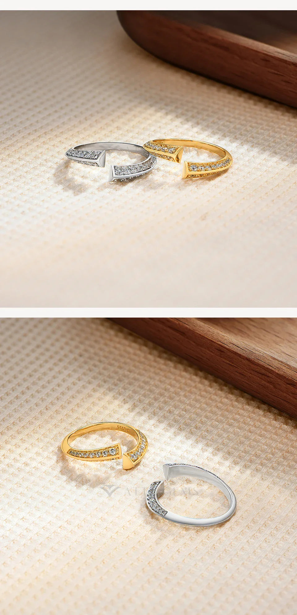 ATTAGEMS Exquise bague ouverte en moissanite couleur D VVS1 en argent sterling S925, bagues en or pour femmes, bijoux tendance pour fête