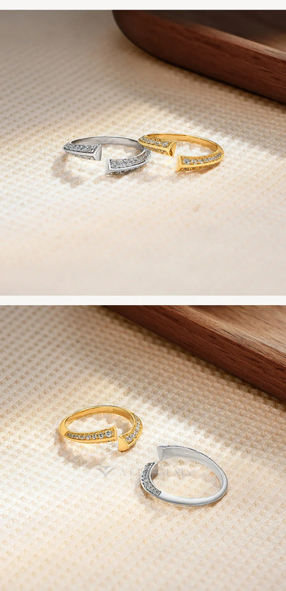 ATTAGEMS Exquise bague ouverte en moissanite couleur D VVS1 en argent sterling S925, bagues en or pour femmes, bijoux tendance pour fête