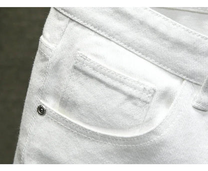 New White Jeans Shorts Men Fashion Ripped Knee Length Pants Simple Casual Slim Hole Denim Shorts Male Streetwear