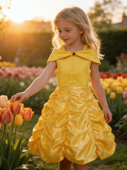 Off Shoulder Yellow Princess Dress for Kids Girl Belle Role Playing Clothing Fancy Carnival Party Birthday Ball Gowns Halloween