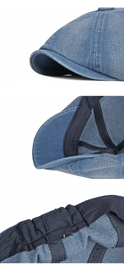 Men's Octagonal Hat Casual Solid Eight-blade Berets Washed Denim Newsboy Cap Women Painters Hat Peaked Herringbone Flat Cap