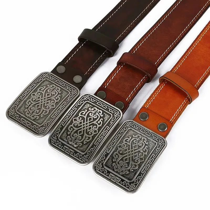 3.8cm Chinese Pattern Cowboy Smooth Buckle Men's Belt Ceinture Homme Yellow Belt Male Wide Jeans Men Genuine Leather Belt