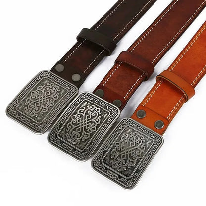3.8cm Chinese Pattern Cowboy Smooth Buckle Men's Belt Ceinture Homme Yellow Belt Male Wide Jeans Men Genuine Leather Belt