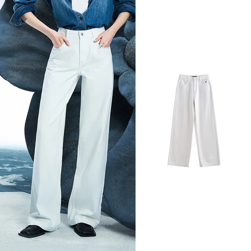 Women Denim Jeans 2025 Spring New Acetate Wide Leg Mid Low Waist Slim Fit Straight Wide Leg Pants