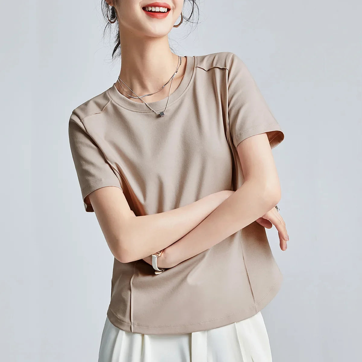 Summer Women's White Mercerized Cotton T-Shirt | 3D Stitching Round Neck Basic Top | Plus Size Slim Fit Layered Casual Blouse