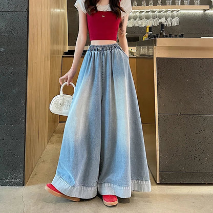 Casual High Waist Wide Leg Jeans Women's Loose Fit Summer Faion plus Size American Sle Cuffed Casual Denim Skirt Pants