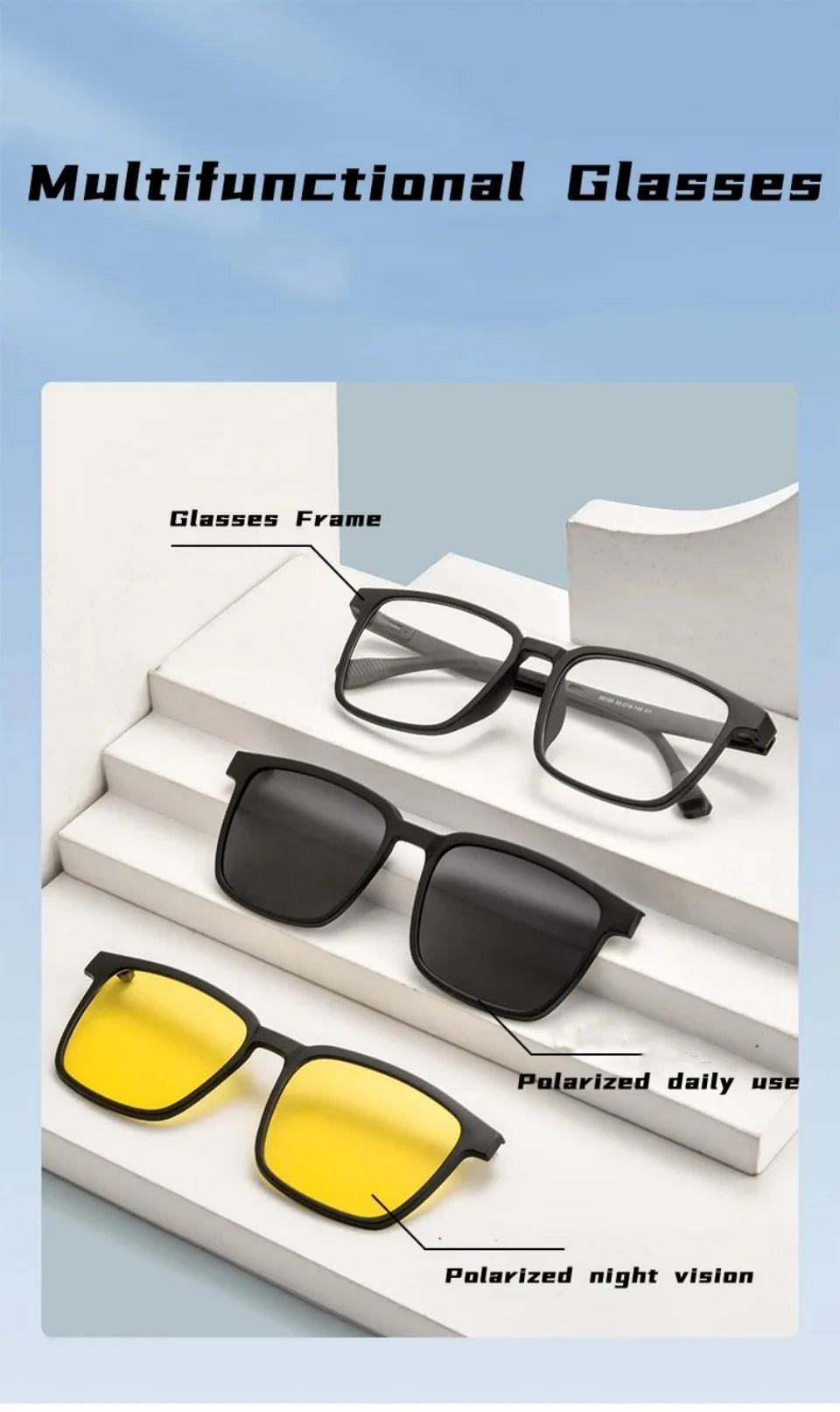 Flip-up Magnetic Clip-on Prescription Glasses Men Women TR90 Polarised Myopia Sunglasses Night Vision Reading Glasses 2191