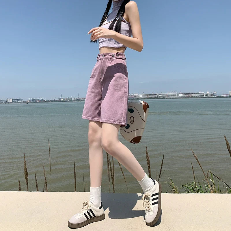 Summer New Korea Fashion Loose Women Jeans Shorts Purple Pink High Waist Straight Pockets Female Wide Short Pants