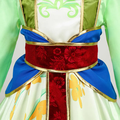 Mulan Cosplay Costume Girl Chinese-style Long-sleeved Hanfu with Hair Accessories Necklace Halloween Girl Hero Costume