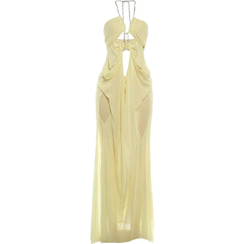 Prom Party Gown Dress Woman Sexy See Through Luxury Chain Halter Low-Neck Backless Sleeveless Midnight Elegant Vestidos