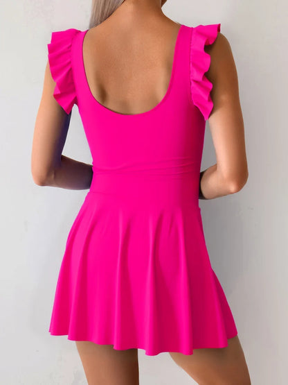 2026 Ruffle Sleeve One Piece U Neck Swimsuit Women Solid Beach Dress Swimwear Female Bathers Swimming Bathing Bodysuit Summer