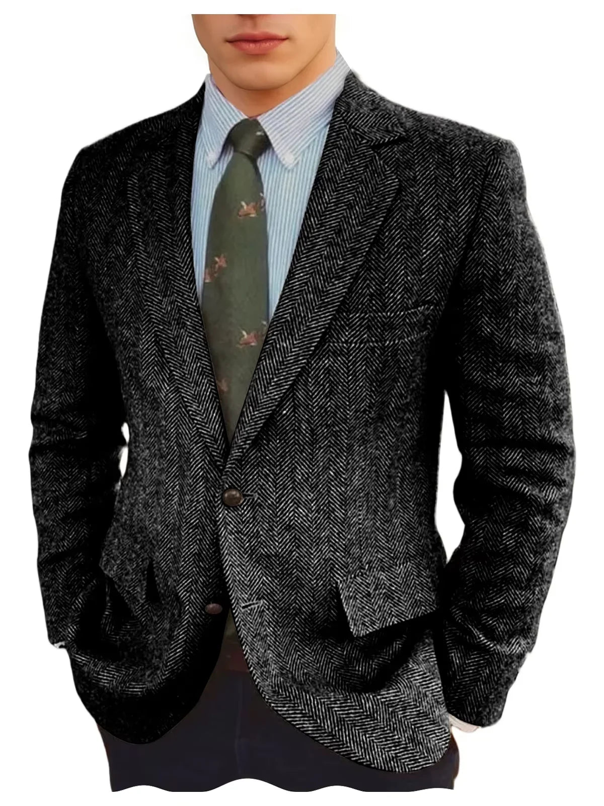 Men's Grey Herringbone Tweed Blazer Classic-Fit Notched Lapel Casual Jacket Slim Fit Business Wedding Suit Coat Plus Size