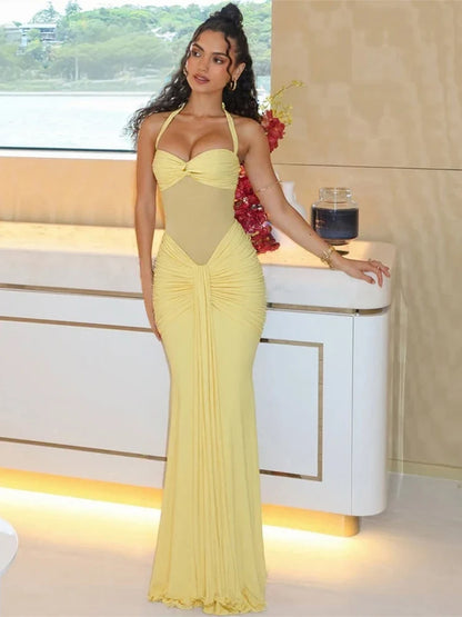 Halter Mesh Patchwork Dress Women Summer Trend Off Shoulder Backless Ruched Ribbon Midnight Prom Party Hipster Vestidos