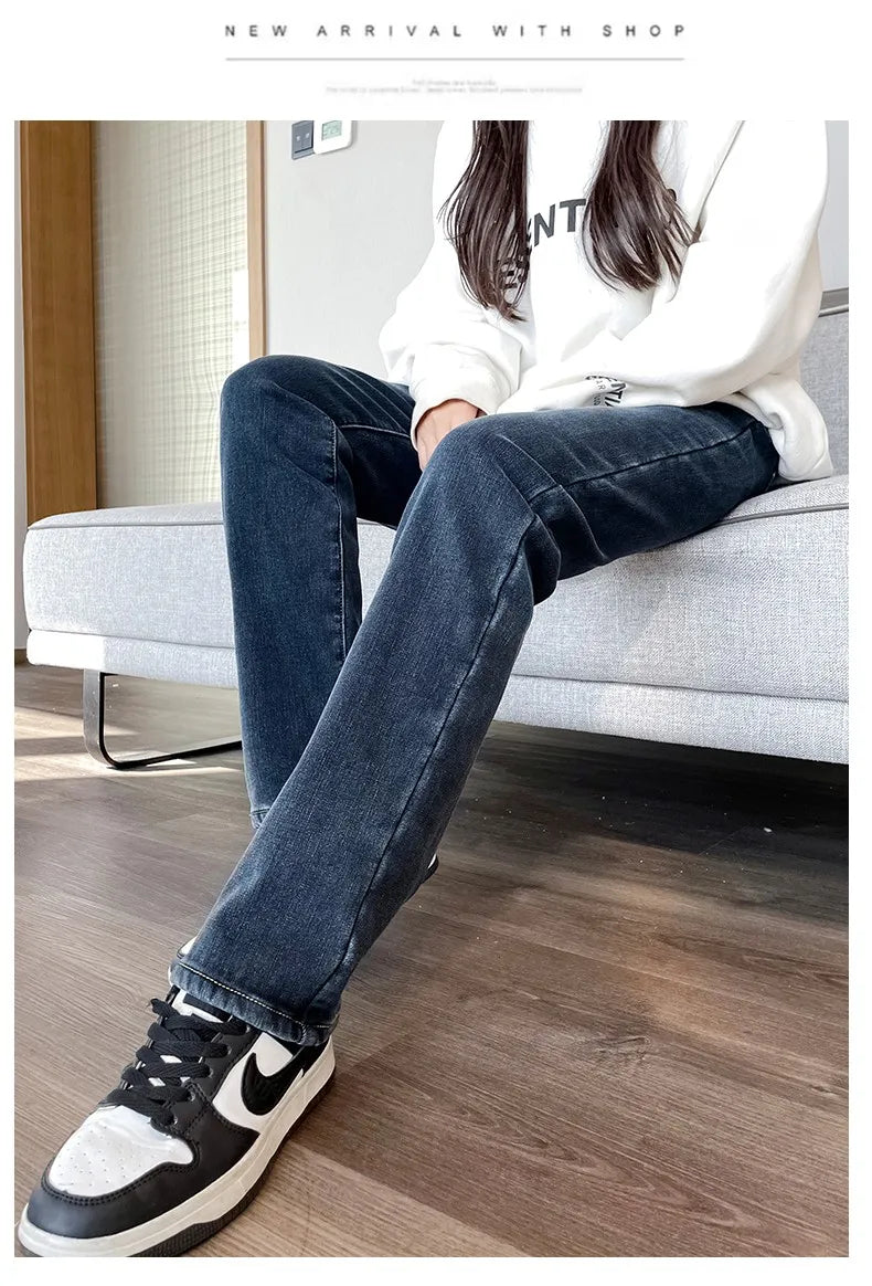 Black 2024 Winter Straight Fleece Jeans Women Casual Vintage Warm Thick Loose High Waist Elastic Velvet Denim Pants