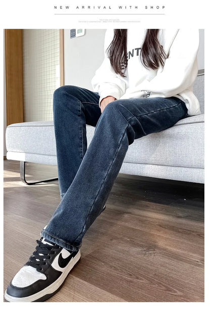 Black 2024 Winter Straight Fleece Jeans Women Casual Vintage Warm Thick Loose High Waist Elastic Velvet Denim Pants