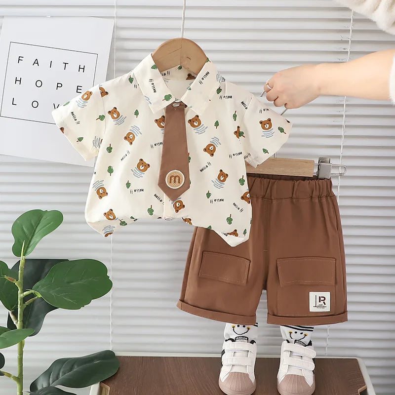 Summer Baby Boys Clothes Suit Children Casual Cartoon Bear Tie Shirt Shorts 2Pcs/Sets Kids Outfits Toddler Costume Clothing 1-5y