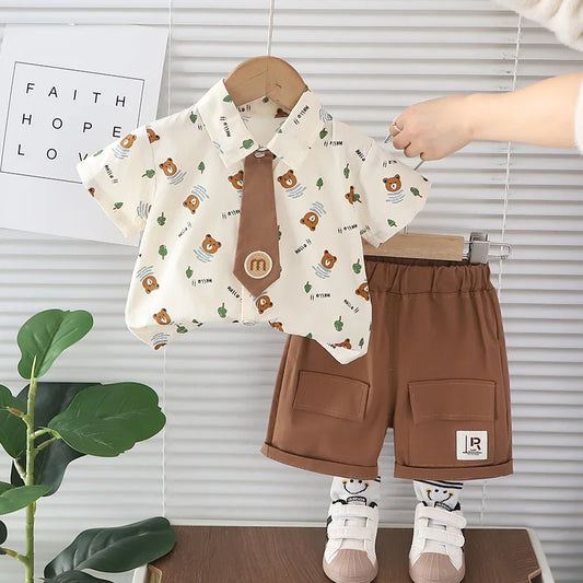 Summer Baby Boys Clothes Suit Children Casual Cartoon Bear Tie Shirt Shorts 2Pcs/Sets Kids Outfits Toddler Costume Clothing 1-5y
