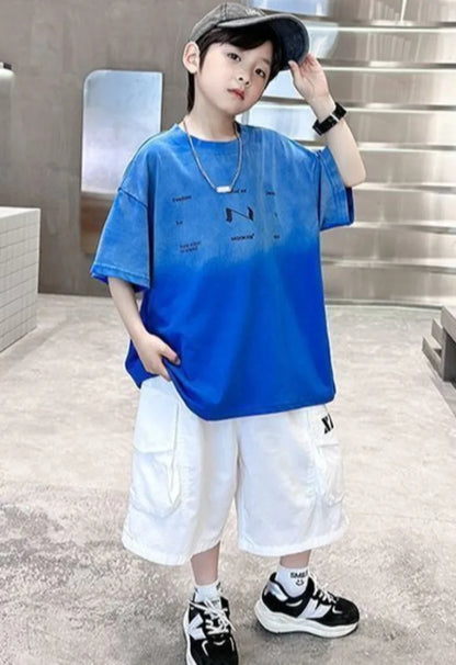 2026 New Boys Cotton T-Shirt Trendy Gradient Design for Big Kids Stylish Cool Summer Casual Wear