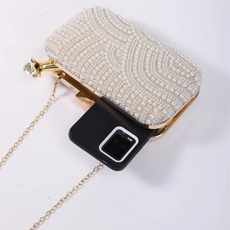 Ladies Pearl Elegant Evening Bag Fashionable Stylish Beading Wedding Dinner Party Banquet Dress Clutch Bag with Long Chain Purse