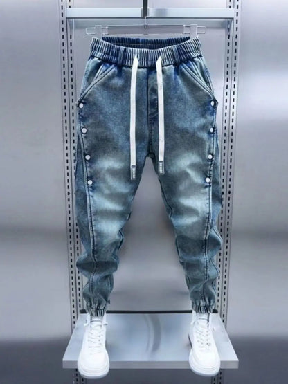 Drawstring Menswear Clothing Handsome Spring New Men's Jeans Korean Elastic Waist Buttons Decorative Fashion Harlan Pants Men