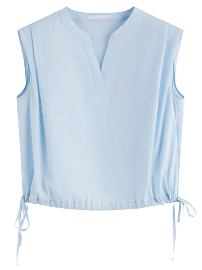 Straight Shoulder V-Neck Sleeveless Blouse - 2025 Summer New Style with Drawstring Tie Women Shirts 25FS12645