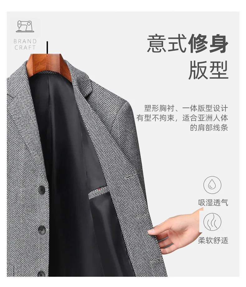 Men's Wool Blazer Herringbone Pattern Casual Business Suit Jacket Comfortable and Stylish Coat