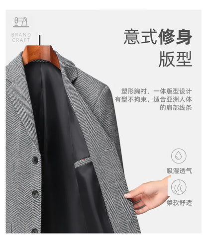 Men's Wool Blazer Herringbone Pattern Casual Business Suit Jacket Comfortable and Stylish Coat