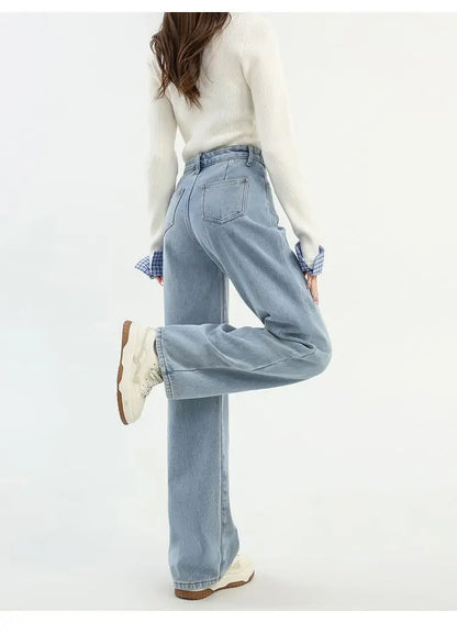 Winter Thick Warm Womens High Waist Jeans Fleece Lined Loose Fit Wide Leg Trousers Korean Style Stretchy Adjustable Waist  Jeans