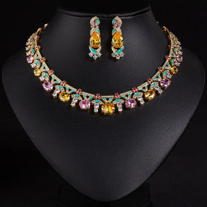 Pop Hot Stereo Jewelry Oil Painting Necklace Earrings Premium Multi-Color 2-Piece Wedding Travel Women's Holiday Gift M-1000