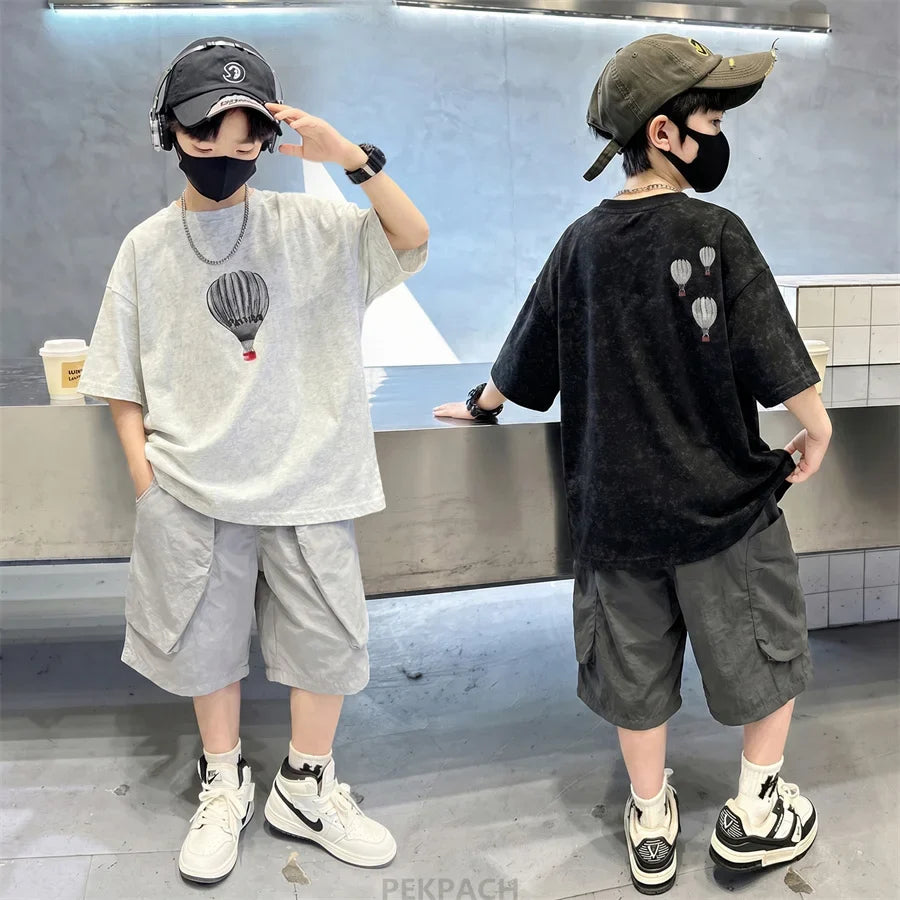 Fashion Boys Summer Outfit T-shirt Shorts Sports Set Children Top and Bottom Tracksuit Set Kids Casual Cotton Sportswear 5-14Y