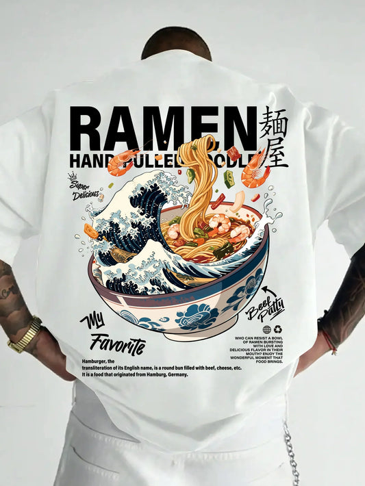 Men New Summer Casual Street Style T-shirt Japanese Waves Ramen Pattern Suitable for Daily Wear 100% Pure Cotton Soft Material
