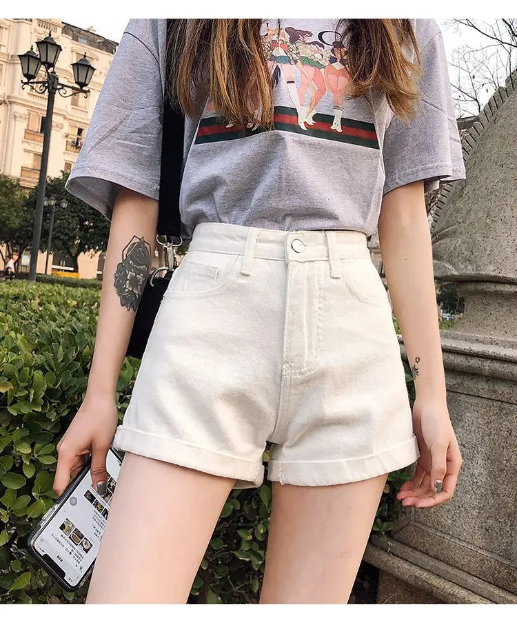 High-Waist Cuffed Denim Shorts Women Summer Korean Style Student Loose Slimming Outerwear A-Line Wide Leg Hot Pants Y2K Shorts